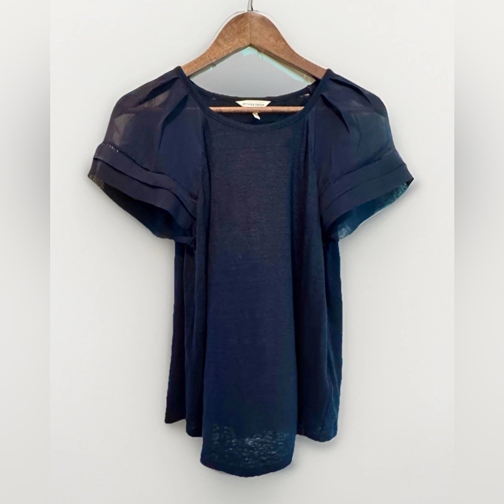 Rebecca Taylor Linen/Silk Blend Navy Sheer Short Sleeve Womens Sz M Blouse Top
